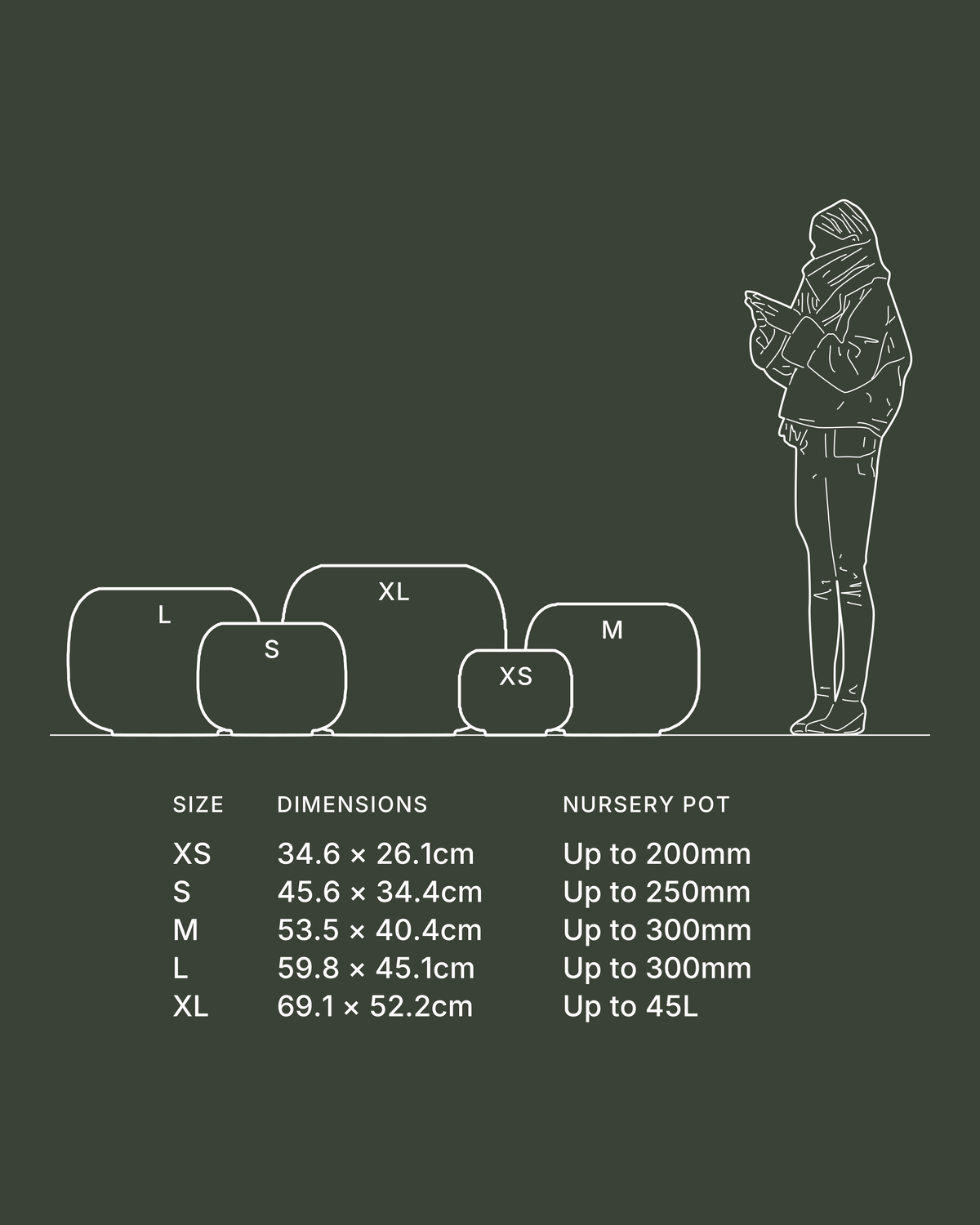 Terreno Correa Pot: every size drawn to scale beside a standing figure, with dimensions and the nursery pot size each one takes