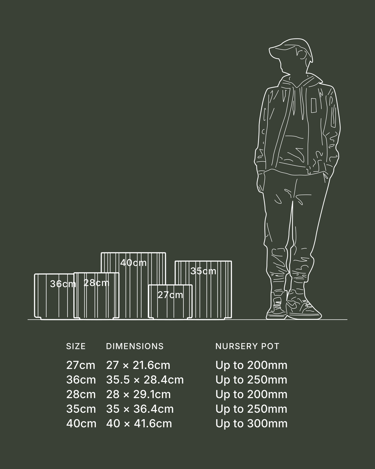 Terreno Lilly Pot: every size drawn to scale beside a standing figure, with dimensions and the nursery pot size each one takes