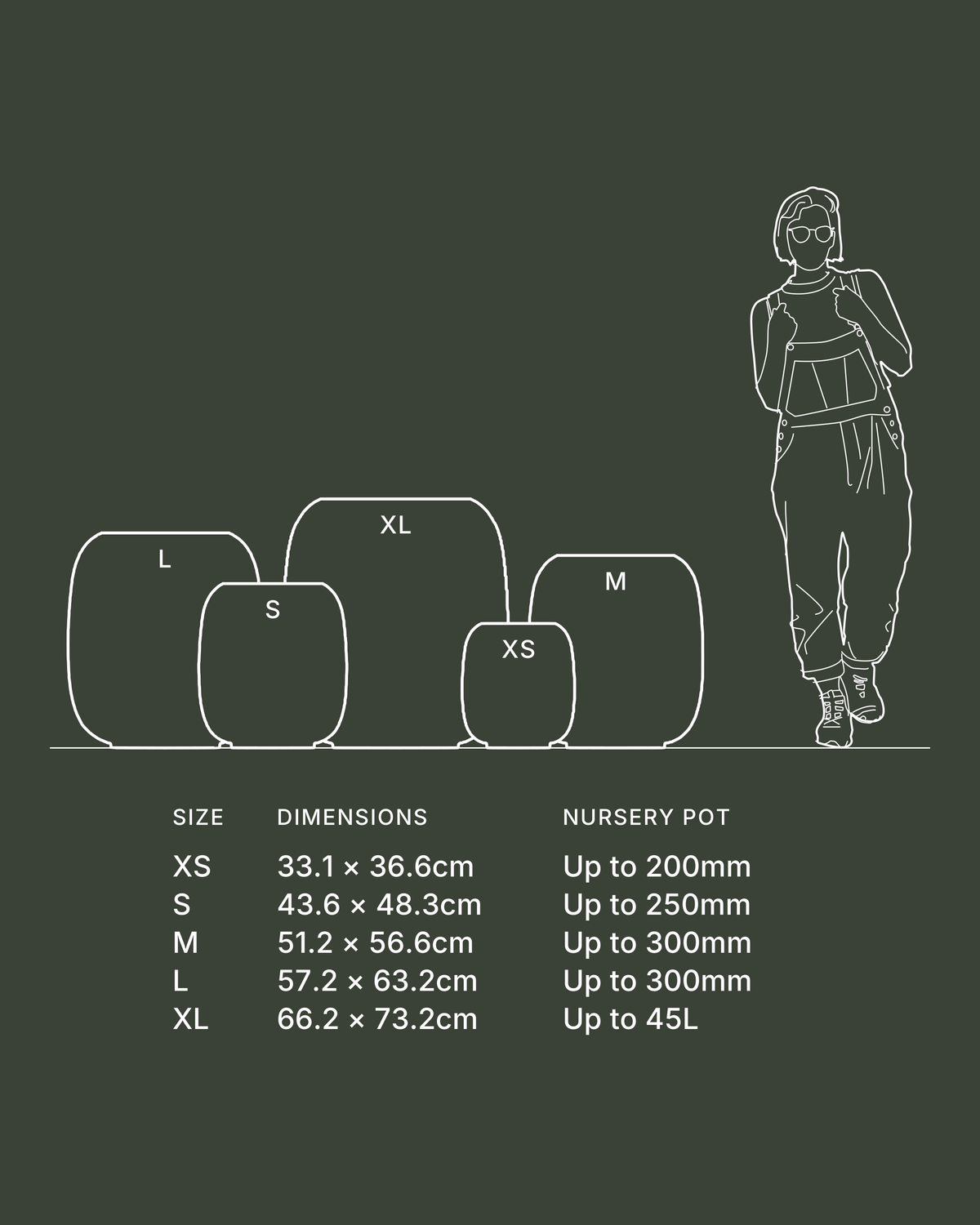 Terreno Tall Correa Pot: every size drawn to scale beside a standing figure, with dimensions and the nursery pot size each one takes