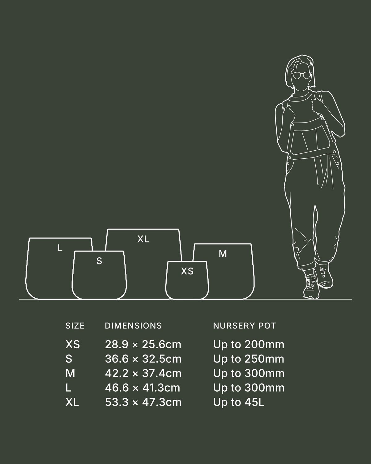 Terreno Caladenia Pot: every size drawn to scale beside a standing figure, with dimensions and the nursery pot size each one takes